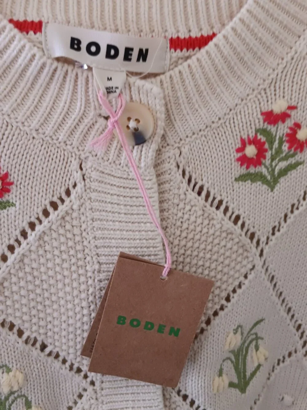 NWT Boden Cream Cotton with Embroidered Flower Cardigan Sweater - Picture 3 of 7